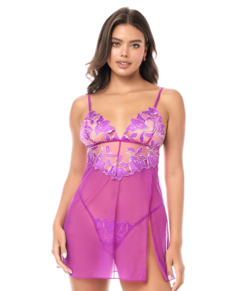 Babydoll sexy en résille brodée florale et string 
